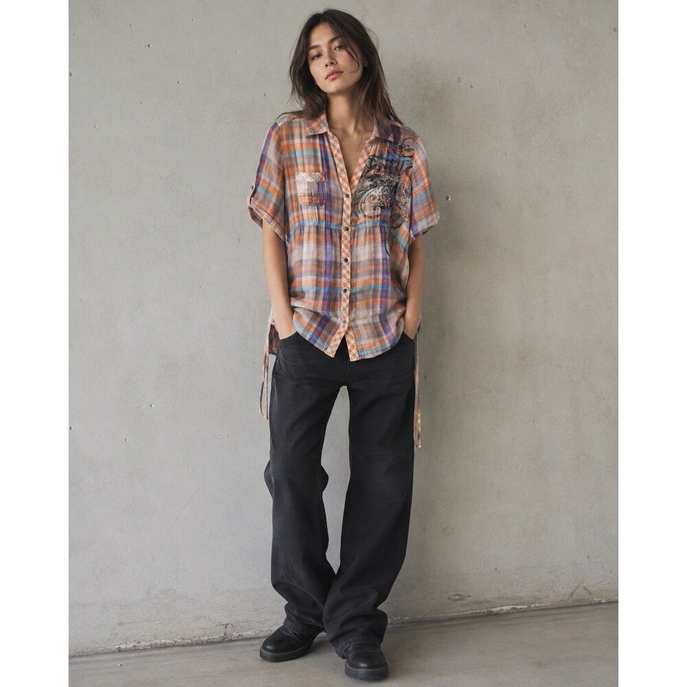 F.A.N.G Dolled Up Plaid Gauze Tunic Shirt L Y2K Rhinestone Boho Soft Grunge